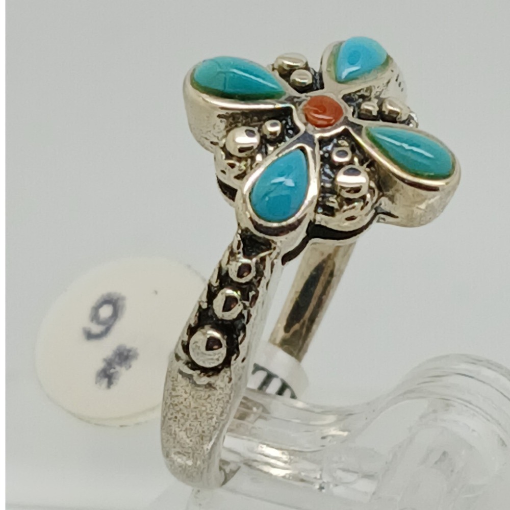Vintage 90s BOMA Sterling Silver Turquoise Coral Flower Ring Size 6 Thailand NOS - Picture 8 of 16